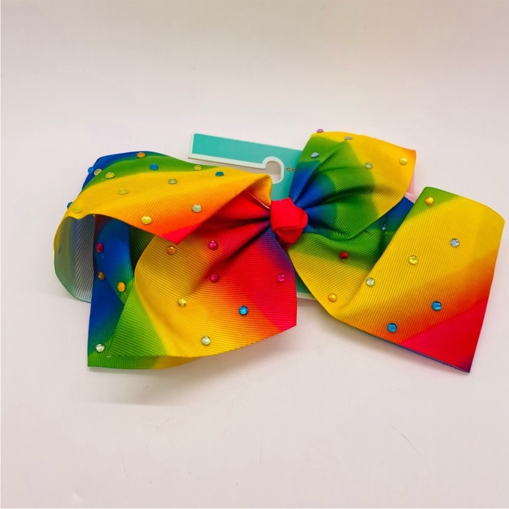 NWT Copper Key Hair Barrette Rainbow Bow with Rhinestones. Large. 6-7"